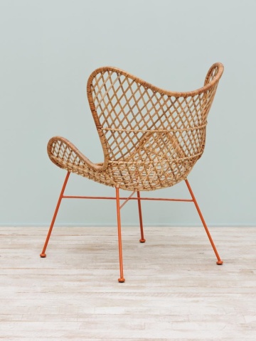 Scaun dining tip fotoliu împletit din ratan, bej, cu spătar în formă de fluture și picioare portocalii din metal, 89,5 x 67,5 x 66 cm, „Tangerine” - Img 4