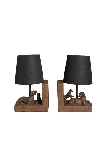 Set 2 lămpi de masă din bumbac negru, cu structură din rășină maro în formă de câine, finisaj patinat, 28×31×13 cm, „Compagnon"