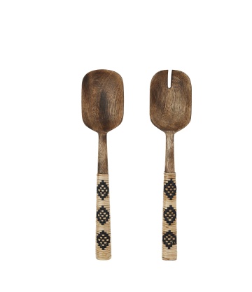 Set 2 linguri pentru salată din lemn de mango sculptat manual și bambus, L26 cm, „Bamboo Salad Set Black"