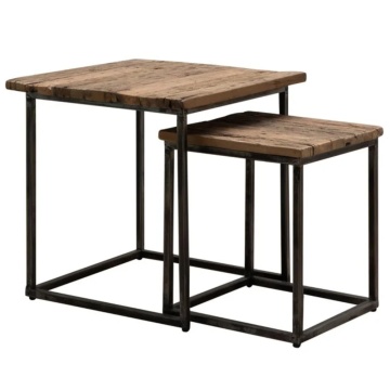 Set 2 măsuțe laterale din lemn reciclat și metal, natur, cu cadru din profile pătrate, care intră una sub alta, 56,5 x 59 x 59 cm, „Oregon”