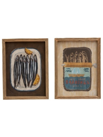 Set 2 tablouri vintage cu sardine din lemn și sticlă, natur, cu ilustrații imprimate pe hârtie, 40x30x2 cm, „Sardine"