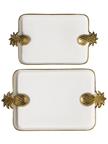 Set 2 tăvi albe din aluminiu cu mânere ananas, 51×30 cm