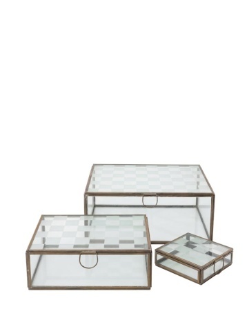 Set 3 cutii decorative din sticlă transparentă și metal auriu, cu capac cu balama și model în carouri, finisaj antichizat, 11 x 25 x 20 cm, „Damier”