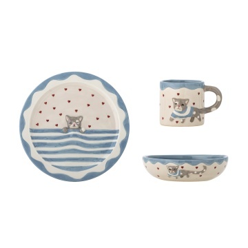 Set 3 piese din ceramică artizanală, multicolor, pictate manual cu pisică și inimi, pentru copii, „Mille"