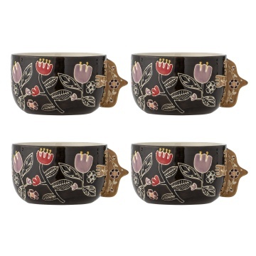 Set 4 boluri din ceramică artizanală, multicolor, pictate manual cu motive florale, cu toarte sculptate în formă de pasăre, 13x8 cm, „Vivielle"