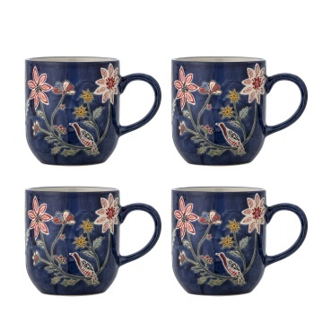 Set 4 căni din ceramică albastră cu păsări și motive florale pictate manual, 455 ml, 9,5×10,5 cm, „Meredith"