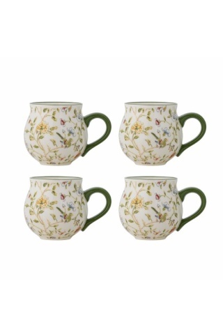 Set 4 căni din ceramică artizanală natur si motive florale botanice, 9×9 cm, "Bloomie"