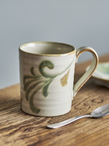 Set 4 căni din ceramică natur, cu motive botanice în verde și maro, „Bethany", 9 x 10 cm - Img 2