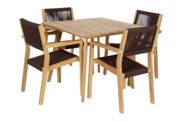 Set dining exterior din lemn de tec și frânghie, masă și 4 scaune, 5 piese, finisaj natural, „Terrawood”