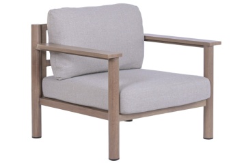 Set lounge exterior premium din aluminiu cu finisaj lemn, canapea, 2 fotolii și măsuță cu perne din olefină, „Cortina” - Img 6