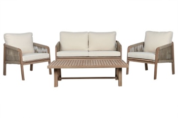 Set lounge exterior premium din lemn de acacia cu frânghie împletită, canapea, 2 fotolii și măsuță cu perne din stofă, „Capri” - Img 2