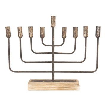 Sfesnic 9 lumanari, din metal, cu baza din lemn, aspect vintage, 59x11x48 cm