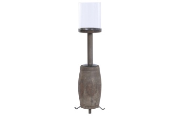 Sfeșnic de podea din lemn reciclat și metal, 26 x 26 x 100 cm, butuc de roată de car, glob din sticlă, „Candle Holder Wheel Hub"