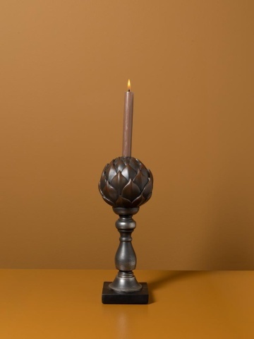 Sfeșnic din rășină cu glob decorativ în formă de anghinare sculptată, auriu-argintiu, finisaj patinat negru, 33.5×13 cm, „Artichoke" - Img 4