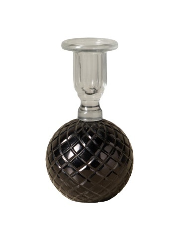 Sfeșnic din sticlă neagră cu bază sferică cu reliefuri romboidale și suport cilindric transparent, finisaj lucios, 16×9 cm, „Verelune"