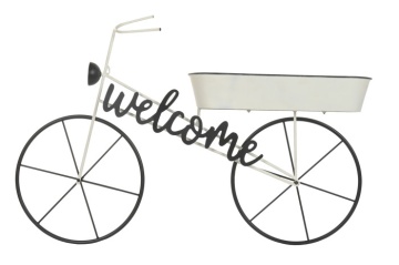 Stand decorativ alb din metal, cu jardinieră stil "Vintage Bicycle"