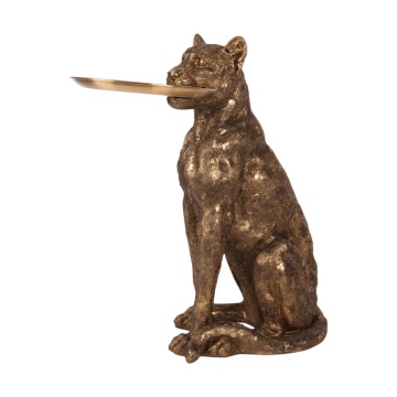 Statuetă decorativă din polirășină, auriu, leopard așezat cu tavă rotundă, finisaj antichizat, 62 x 56,5 x 36,5 cm, „Onyx”