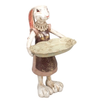 Statuetă decorativă din polirășină, multicolor, iepure în rochie cu tavă, finisaj antichizat, 27 x 14 x 14 cm, „Pâquerette”