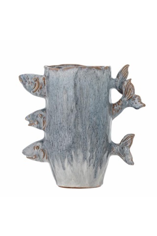 Vază decorativă albastră din ceramică cu pești sculptați, L23,5×H23×W13 cm, „Tace"