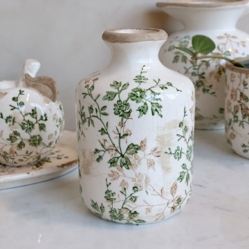 Vază din ceramică albă antichizată, pictată manual, cu decor floral-vegetal, 17,5x11 cm, „Grasse" - Img 2