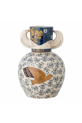 Vază din ceramică albastră cu decor pasăre și model floral pictate manual, cu două toarte laterale, 16,5x23,5 cm, "Hezha"