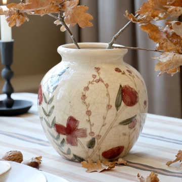 Vaza din ceramica, crem, cu motive florale, H18/D18cm - Img 2