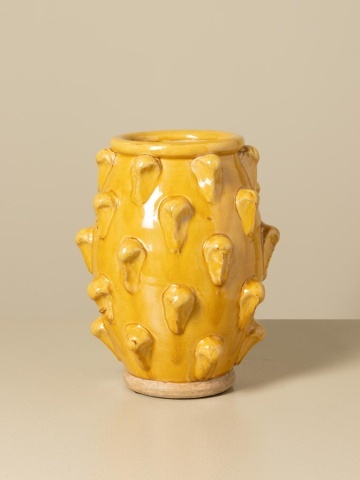 Vază din ceramică galbenă cu farfurie, set 2 piese, cu detalii sculptate în relief, 24 x 30 cm, „Soleil” - Img 5