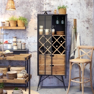 Vitrină bar din metal și lemn reciclat, rastel pentru sticle, suport pahare, finisaj negru antichizat, 170×65×36,5 cm, „Fonderie" - Img 2
