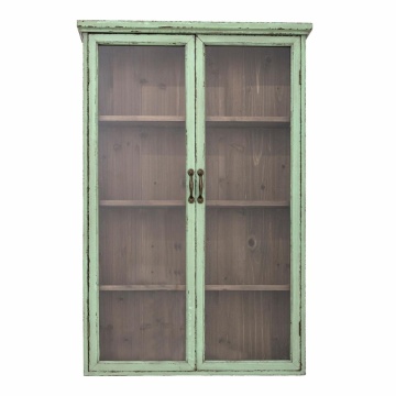 Vitrină de perete vintage shabby chic din lemn, verde, cu 2 uși vitrate, 3 rafturi și mânere curbate, 122 x 81 x 22 cm, „Hazem”