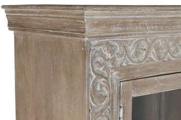 Vitrină sculptată manual din lemn masiv de mango, finisaj décapé alb, 2 uși vitrate, 3 rafturi, 120×44×210 cm, „Jaipur" - Img 5