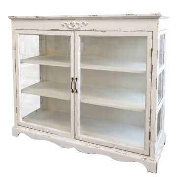 Vitrină shabby chic, alb antichizat, cu 2 polițe și uși din sticlă