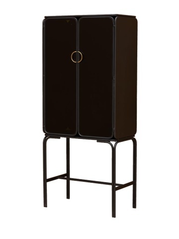 Vitrină vintage din metal, cu 2 uși din sticlă opacă, 3 rafturi și mânere circulare aurii, negru, finisaj lucios, 70×38×162 cm, „Ashbury" - Img 1