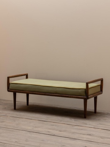 Bancă tapițată din catifea verde și lemn de mango maro, cu brațe, 51 x 136 x 56 cm, „Farrow” - Img 4
