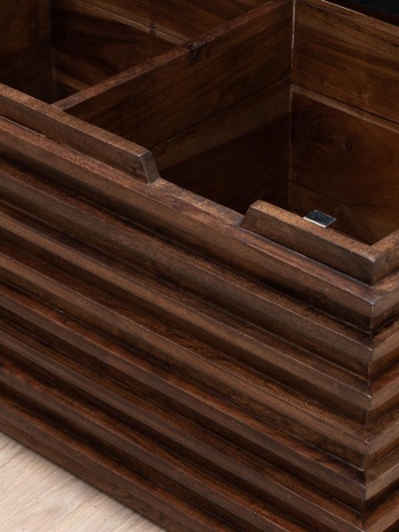 Banchetă din piele naturală cu structură și spațiu de depozitare din lemn de acacia, maro antichizat, finisaj lucios, 110×40,5×36 cm, „Leya" - Img 6