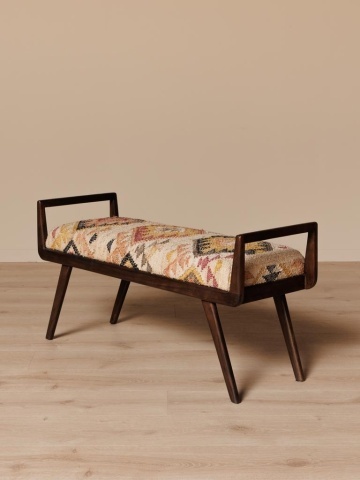 Banchetă hol bej din kilim de iută și lână și lemn de acacia maro închis, cu brațe, 56 x 112 x 40 cm, „Fiera” - Img 3