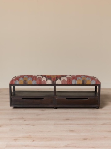 Banchetă hol multicolor din kilim de iută și lână și lemn de acacia înnegrit, cu 2 sertare și raft, 40 x 138 x 40,5 cm, „Tikana” - Img 5