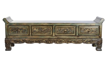 Banchetă orientală sculptată din lemn de ulm, finisaj antichizat multicolor, 4 sertare, 179 x 43 x 58 cm, „Ming" - Img 7
