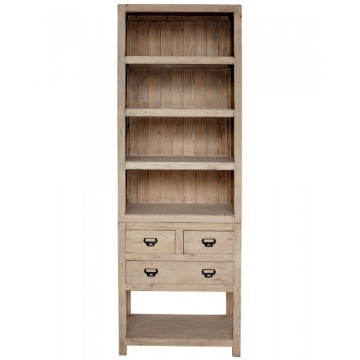 Bibliotecă vintage din lemn de pin, cu 4 rafturi deschise, 3 sertare și raft inferior, 230 x 78 x 45 cm, „Portland”