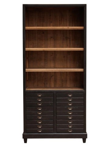 Bibliotecă vintage din lemn, neagră și natur, cu 3 rafturi deschise și 6 sertare, 200 x 100 x 45 cm, „Voltaire”
