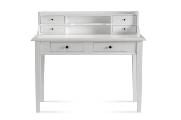 Birou în stil shabby chic din lemn de pin, gri, cu 6 sertare și suprastructură, 102 x 115 x 60 cm, „Paris”