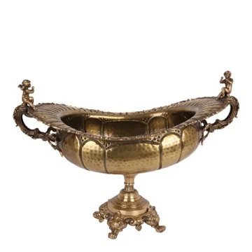 Bol de servire oval din alamă lucrată manual, auriu, pe picior, cu mânere cu îngeri, centru de masă, finisaj periat, 52 x 75 x 41 cm, „Séraphin” - Img 3
