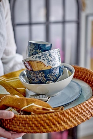Bol din ceramică albastră cu decor pasăre pictat manual, 13x7 cm, "Hezha" - Img 4