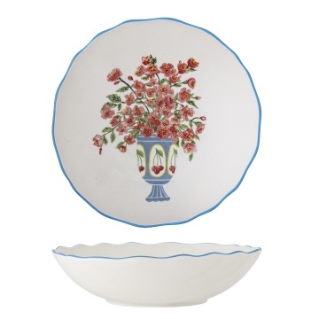 Bol din ceramică cu motive florale și margine ondulată albastră pictată manual, 28×6,5 cm, „Dorothy" - Img 3