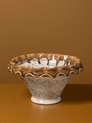 Bol pentru fructe din ceramică natur cu margini sculptate ondulat, maro, 18,5 × 33,5 cm, „Corola" - Img 3