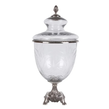 Bombonieră pe picior din sticlă gravată și aluminiu, argintie, cu capac, aspect vintage, finisaj antichizat, 51 x 24 cm, „Cassandre”