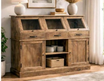Bufet cu vitrină din lemn de mango, maro, cu 3 uși vitrate înclinate, 3 sertare, 2 uși și nișă deschisă, aspect rustic, 106 x 124 x 45 cm, „Aubenas” - Img 2