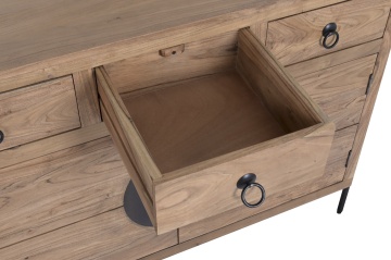 Bufet living în stil etnic din lemn de acacia, natur, cu 2 uși, 3 sertare și placă rotundă din metal negru, 92 x 118 x 40 cm, „Orissa” - Img 7