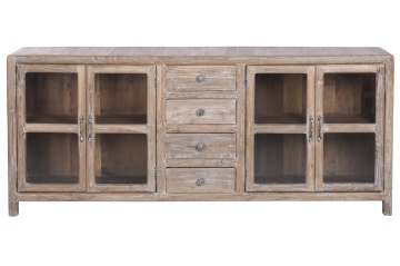 Bufet rustic din lemn de tec reciclat, natur, cu 4 uși vitrate, 4 sertare și mânere din metal, 85 x 200 x 38 cm, „Vauban”