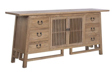 Bufet rustic din lemn reciclat, natur, cu 2 uși cu grilaj, 6 sertare și siluetă trapezoidală, 79 x 180 x 42 cm, „Joyeuse” - Img 3