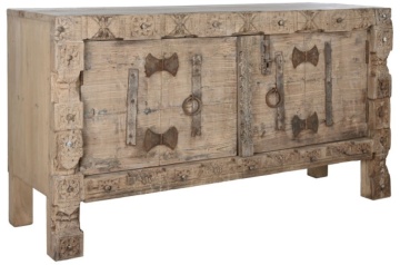 Bufet rustic din lemn reciclat, natur, cu 2 uși, decor sculptat manual și balamale fluture din metal, 92 x 167 x 51 cm, „Rigora” - Img 2